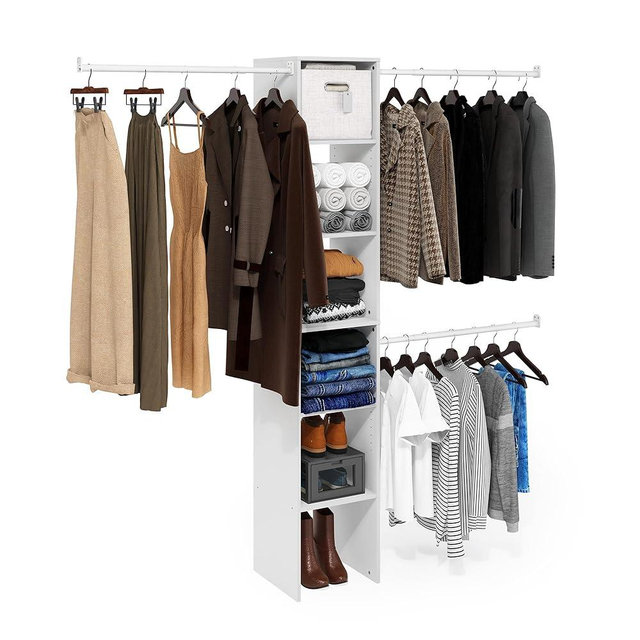 Furinno FANO Closet Organizers and Storage, Closet Storage Organizer with 3 Hanging Bars, Wardrobe Closet Shelf Towers, for Wardrobe, Bedroom, Living Room, White