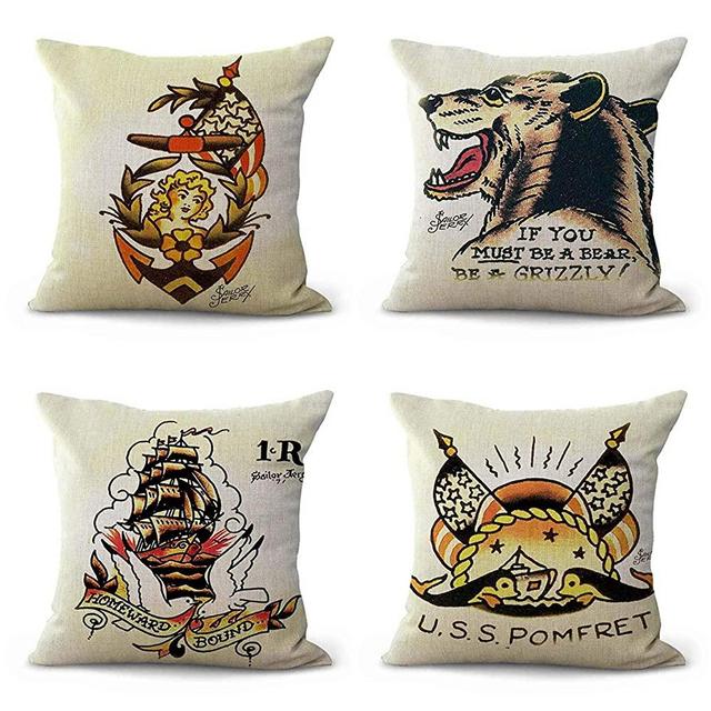 Semtomn Set of 4 Linen Throw Pillow Covers Sailor Jerry Tattoo Retro Tiger Boat Home Decorative 20"x20" Flax Pillow Cases Cushion Square Pillowcases