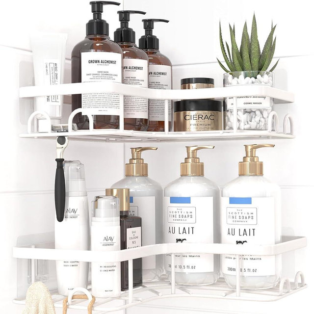 Sakugi Corner Shower Caddy - 2 Pack, Adhesive Shower Organizers, Rustproof Stainless Steel Shower Shelves with 8 Hooks, No Drilling Bathroom Organizers and Storage Racks, Space-Saving, White, Medium