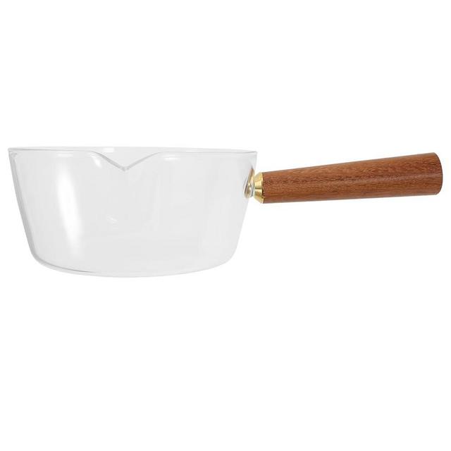 Cabilock Glass Milk Pot Glass Sauce Pan with Wooden Handle Pour Spouts for Noodle Milk Baby Food Mixed Salad Tea