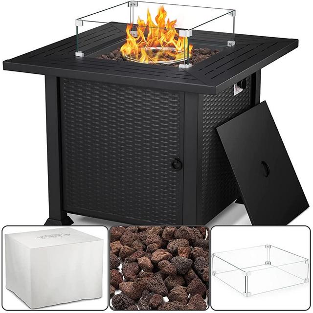 Xbeauty Propane Fire Pit Table, 32" Outdoors Gas Fire Pit Table, 50,000 BTU Auto-Ignition Fire Tables with Lid, Rain Cover, Tempered Glass Wind Guard for Outside Garden Backyard Deck Patio (Square)