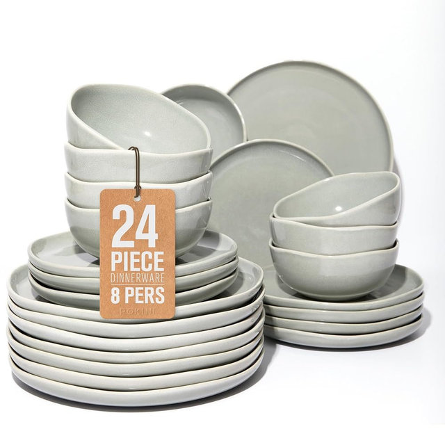 Pokini Large Holiday Dinnerware Sets for 8, Ceramic Plates and Bowls Set, Kitchen Dish Set, Microwave & Dishwasher Safe Dishware, Perfect for Christmas & Thanksgiving, Gray Green