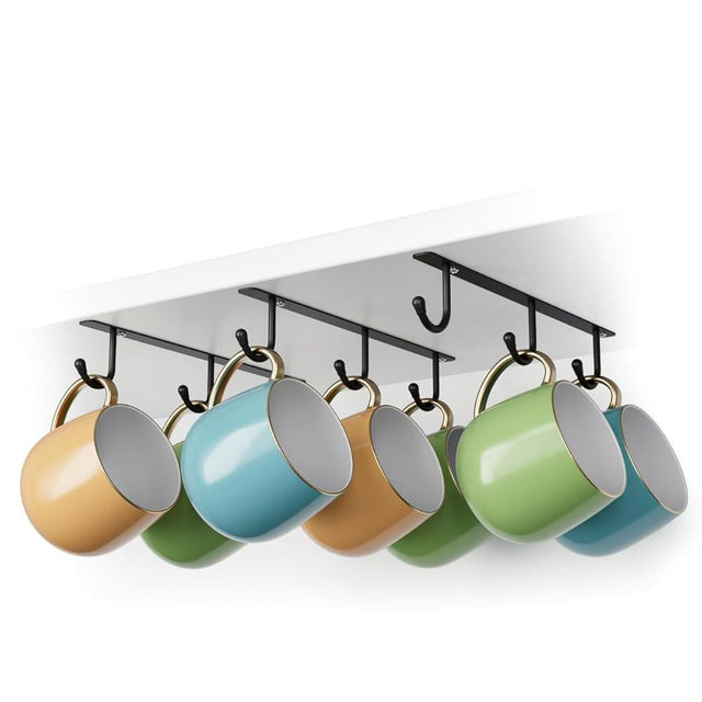 ECROCY Coffee Mug Holder Under Cabinet, Easy Screw Mounting, 3 Pack Mug Rack with Wide Hook Spacing, Sturdy Mug Hooks Space-Saving