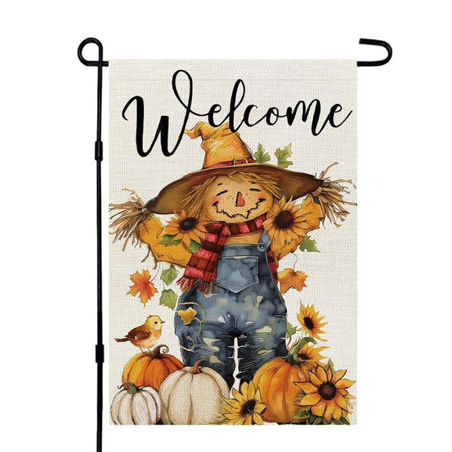 CROWNED BEAUTY Fall Thanksgiving Scarecrow Garden Flag 12x18 Inch Double Sided for Outside Small Burlap Welcome Autumn Holiday Yard Decoration CF1692-12