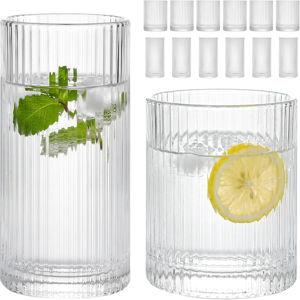 Moretoes Ribbed Drinking Glasses Set of 12, Glassware Clear Water Glass Cups, 6 Highball Glasses 12 Oz, 6 Rocks Glass 13 Oz, RibbedKitchen Bar Tumbler for Wine, Juice, Ice Coffee, Whiskey
