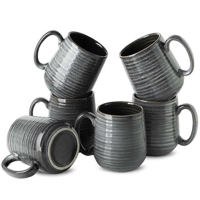 Hasense Ceramic Coffee Mugs Set of 6, Large Coffee Cups 12 oz, Latte Mug with Large Handle for Coffee, Tea, Milk and Hot Cocoa, Easy Hold & Clean, Dishwasher & Microwave Safe, Grey