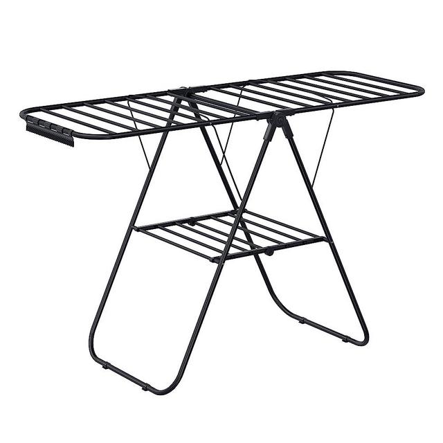 SONGMICS Clothes Drying Rack, with Sock Clips, Metal Laundry Rack, Foldable, Space-Saving, Free-Standing Airer, with Height-Adjustable Gullwings, Indoor Outdoor Use, Black ULLR052B01