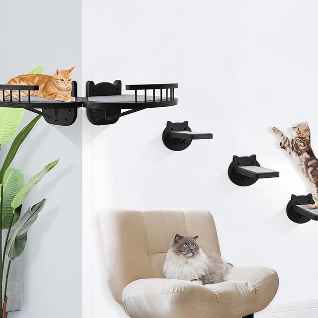 Cat Wall Furniture Wall Mounted, 2PCS Cat Shelves and Cat Perches for Wall with 3 Cat Wall Steps and Scratching Pad, Cat Climbing Condo Fit Cat Up to 15Lbs, Wood Cat Hammock Wall Mount (Black)