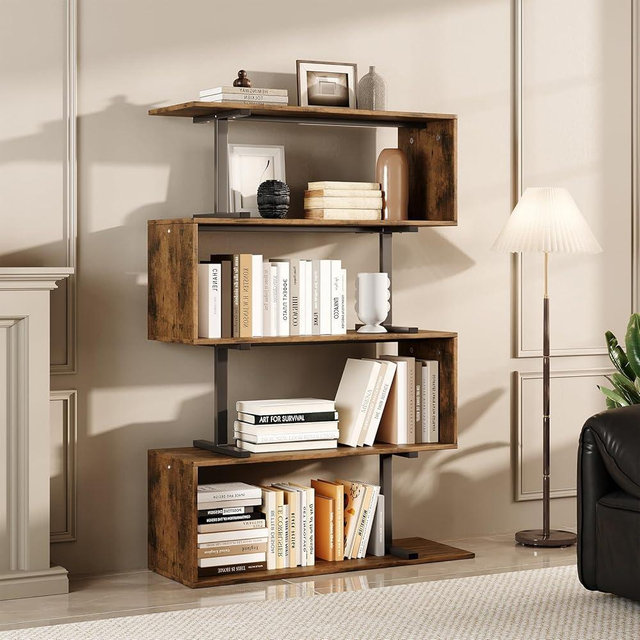 GRUSIGN 5-Tier Geometric Bookshelf, S Shaped Bookcase, 31.5" W x 58.3" H Wood Decorative Storage Shelving, Modern Freestanding Display Shelves, Tall Book Shelf Unit for Living Room Bedroom