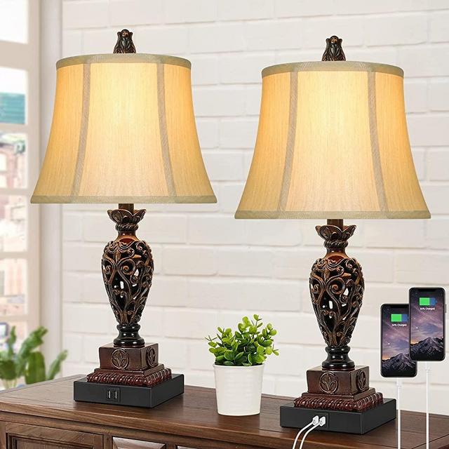 Traditional Touch Table Lamps Set of 2, Vintage Rustic Bedside Nightstand Lamps with 2 USB Ports, Farmhouse Retro Table Lamps for Living Room Bedroom, E26 Bulbs Included