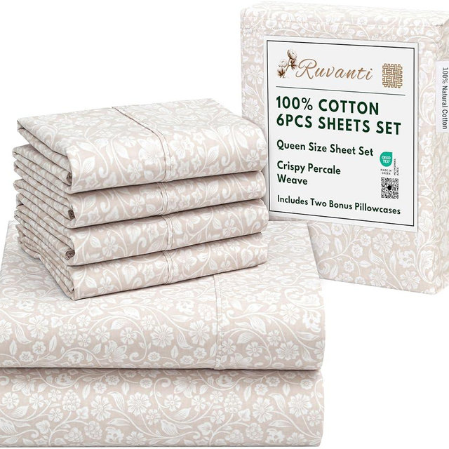 RUVANTI 6 Pcs Cotton Sheets - 100% Natural Cotton Soft, Lightweight & Breathable Crispy Percale Bed Sheets, Queen Sheet Set 16" Deep Pockets, Orchid Charm