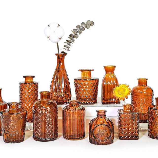 SUPMIND 12Pcs Glass Bud Vase Set, Small Dark Brown Flower Vase for Centerpieces, Bud Vases in Bulk, Mini Vintage Vase for Rustic Wedding Decorations（Amber）