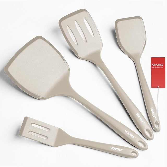 Silicone Spatula Set, 600°F Heat Resistant Silicone Spatula Turner Flipper for Cooking, Non Stick and Non Scratch Kitchen Utensils for Eggs & Pancakes, 4 Pack,Khaki