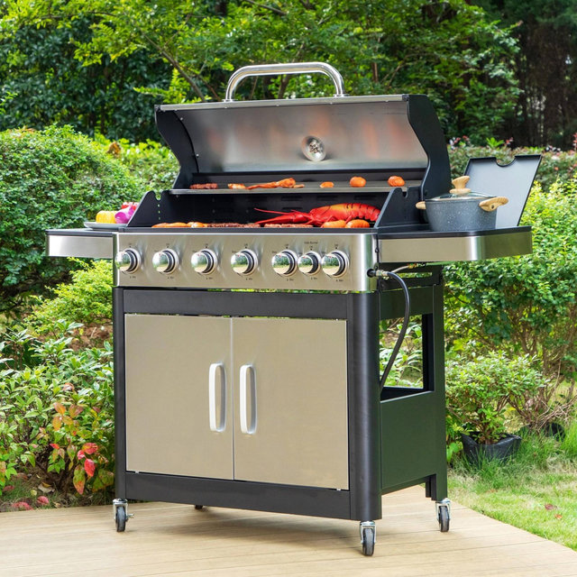 Captiva Designs 6 Burner Gas Grill with side burner & Porcelain Enameled Cast Iron Grate 65800 btu E02GR009