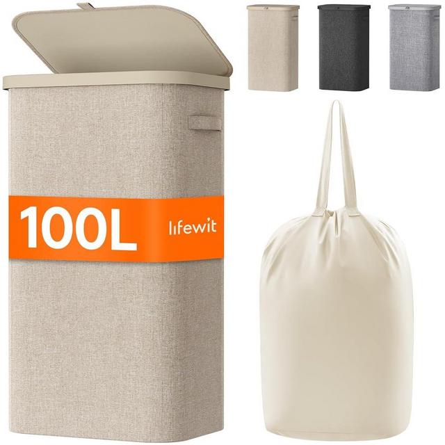 Lifewit 100L Laundry Basket with Lid, Large Laundry Hamper with Plastic Handles and Removable Bag, Foldable Tall Dirty Clothes Hampers for Laundry for Laundry Room, Bedroom, Bathroom, Dorm,Beige