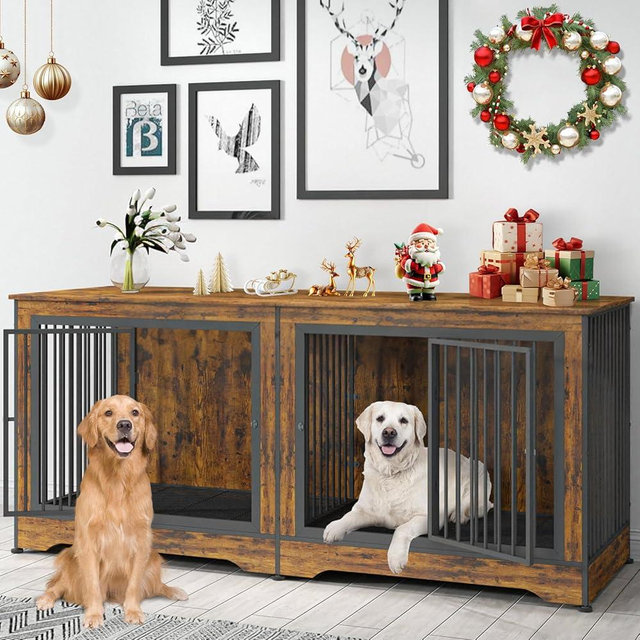 Yafylly 3-in-1 75 Inch Double Dog Crate Furniture for 2 Large Dogs Durable Rustic Brown TV Stand Dog Crate with Trays and Divider