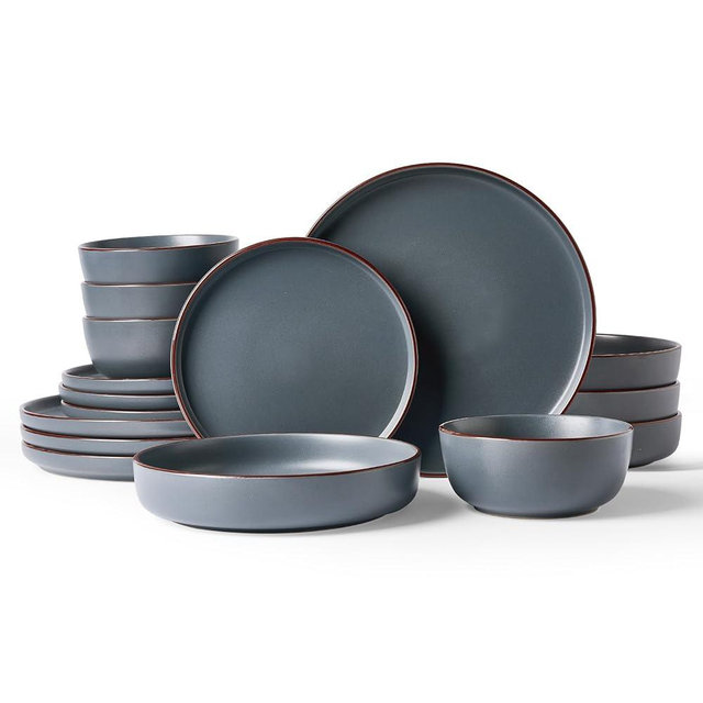 Famiware Mercury Dinnerware Sets with Pasta Bowls, Service for 4 (16 Pieces), Plates and Bowls Sets, Microwave and Dishwasher Safe Dishes Set, Charcoal