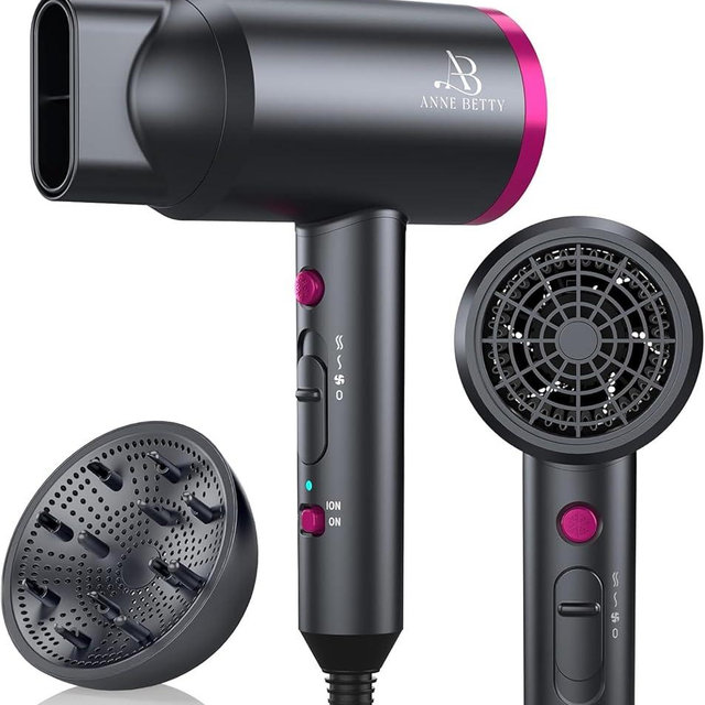 ANNE BETTY Ionic Hair Dryer with Diffuser, Powerful 1800W Blow Dryer for Women & Men, Fast-Drying Hair Dryer with Nozzle for Home, Salon, Travel