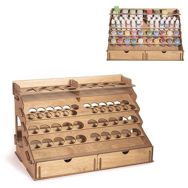 PLYDOLEX Wooden Craft Paint Storage Rack with 58 Holes for Paint Bottles - Hand Craft Paint Holder Rack with 4 Miniature Stands and Removable Upper Shelf - Paint Organizer for Miniature Paint Set
