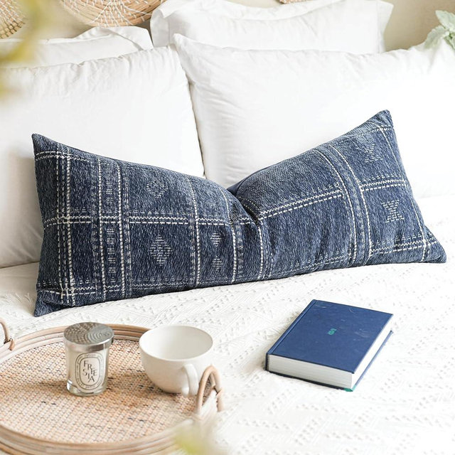BlissBlush Dark Blue Boho Lumbar Throw Pillow Cover 14X36, Decorative Long Accent Body Lumbar Pillow for Bed, Farmhouse Woven Textured Lumbar Pillowcase for Couch (Cover ONLY)