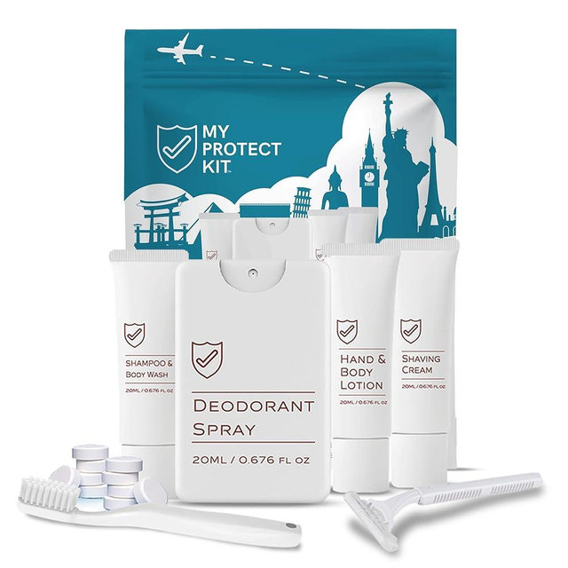 20 Piece TSA Approved Travel Kit for Men & Women Hygiene Set with Toiletries Hand and Body Lotion, Deodorant, Shampoo, Body Wash, Shaving Cream, Razor, Toothbrush, Toothpaste Tablets- My Protect Kit