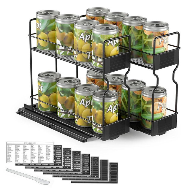 SpaceAid Pull Out Spice Rack Organizer for Cabinet, Heavy Duty Slide Out Seasoning Kitchen Organizer, Cabinet Organizer, with Labels, 7.7" W x10.75 D x10 H, 2 Drawers 2-Tier