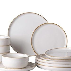 GBHOME Ceramic Dinnerware Sets for 4, 12 Pieces Stoneware Plates and Bowls Sets - Pearl White