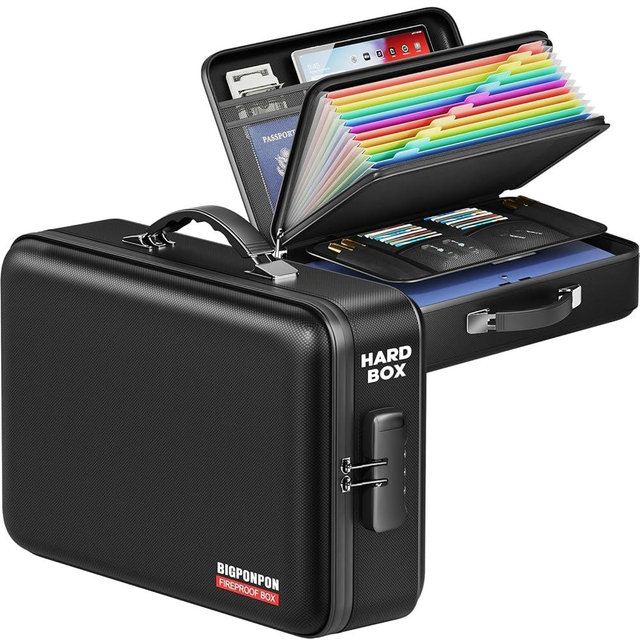 BigPonPon Fireproof Document Box, Hard Case Highly Flame-Resistant Fire Proof Waterproof File Organizer with Lock, Portable Fire Safe for Important Documents & Valuables Storage (Black, ‎16"*12"*5")