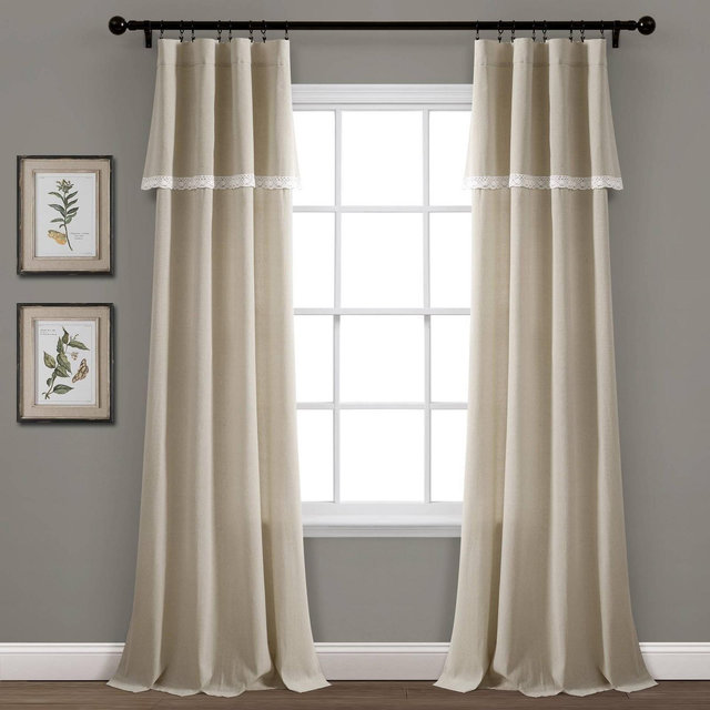 Set of 2 38"x84" Linen Lace Light Filtering Window Curtain Panels Dark Linen - Lush Décor: Modern Polyester Curtains