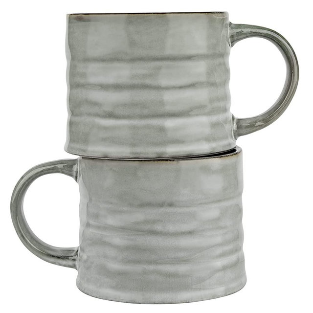 Kook Glazed Coffee Mugs, Ceramic, Microwave & Dishwasher Safe, 15 oz, Java/Slate, Set of 2 (Java/Slate Lined)