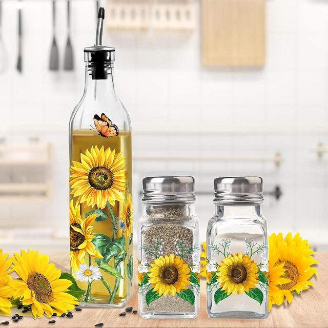 Sunflower Decor Oil & Vinegar Bottle Salt and Pepper Shaker Set, Sunflower 17oz Glass Olive Oil Dispenser Bottle and Salt Pepper Shaker Kitchen Decor Set, Sunflower Gifts Decorations for Kitchen