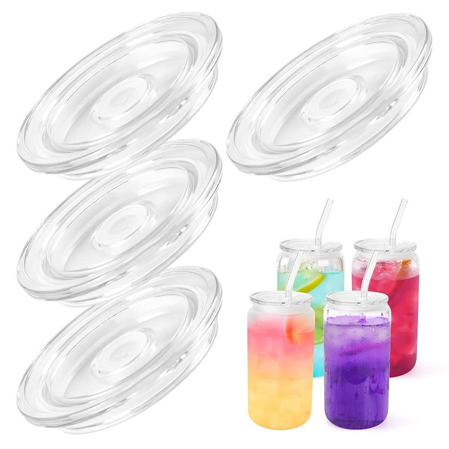 Joyclub 4 Pack Acrylic Lids Fit for 16 oz Glass Cups with Straws, Replacement Lid for Drinking Beer Glasses with Bamboo Lids Iced Coffee Cups Cute Tumbler Cup (Clear)