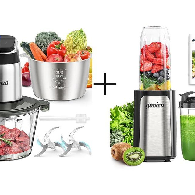 Ganiza Food Processor with Smart Overheat Protection Light & Ganiza GB06 Smoothie Blender with 3 Portable Cups