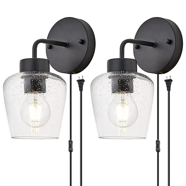 Plug in Wall Light,Clear Seeded Glass,Matte Black Wall Lamp with ON/Off Switch Cord for Bedside Bedroom Reading,Set of 2