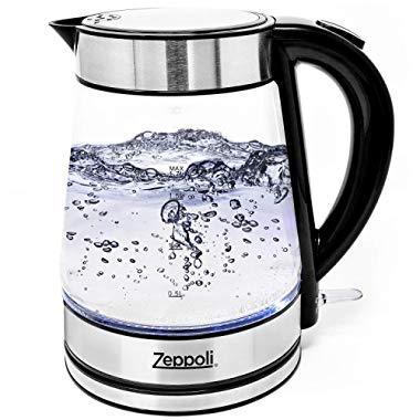 Zeppoli Electric Kettle - Glass Tea Kettle (1.7L) Fast Boiling and Cordless, Stainless Steel Finish Hot Water Kettle – Hot Water Dispenser - Glass Tea Kettle, Tea Pot Water Heater