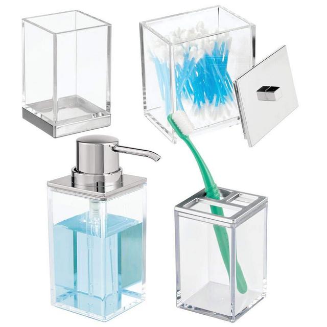 mDesign Plastic Bathroom Vanity Countertop Accessory Set - Includes Soap Dispenser Pump, Divided Toothbrush Holder, Tumbler Rinsing Cup, Storage Canister - 4 Pieces - Clear/Chrome