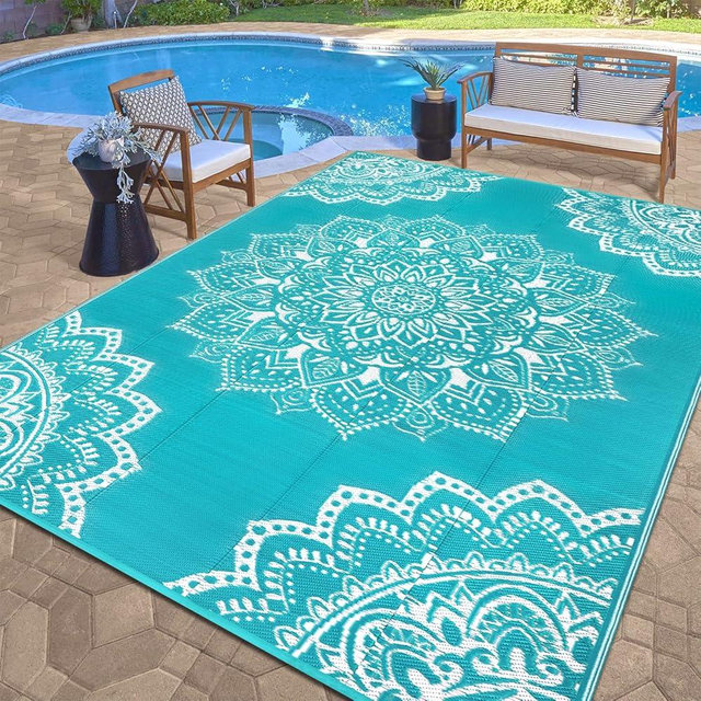 Yamaziot Waterproof Outdoor Rug 9x12 ft, Reversible Plastic Straw Rug for Patio Clearance, Camping, RV Mat, Large Outside Rug Carpet for Porch, Deck, Backyard, Balcony, Picnic (Blue)