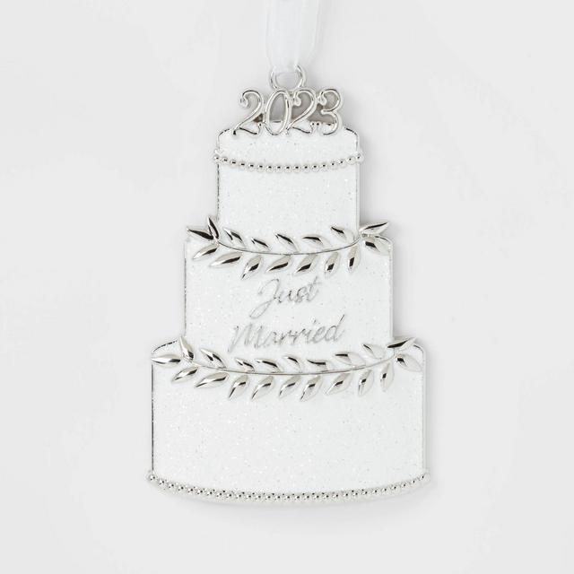2023 'Just Married' Glittered Metal Wedding Cake Christmas Tree Ornament White - Wondershop™