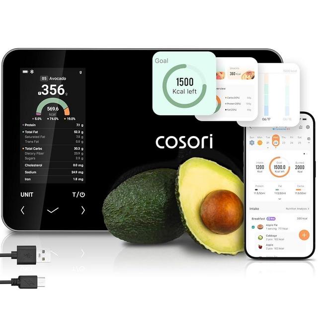 Cosori Smart Food Kitchen Scale with Nutritional Calculator, Free App for AI Scan, Calorie & Macro Tracking, Food Preload, On-Screen Nutrient Info, Personal Goals, Rechargeable, 11 lb / 5 kg