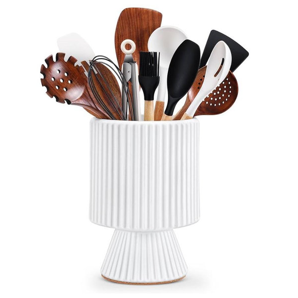Utensil Holder, 10.2" Extra Large Ceramic Kitchen Utensil Holder for Countertop, Utensil Organizer for Kitchen Counter, Morden Aesthetic Utensil Crock for Kitchen Decor - White