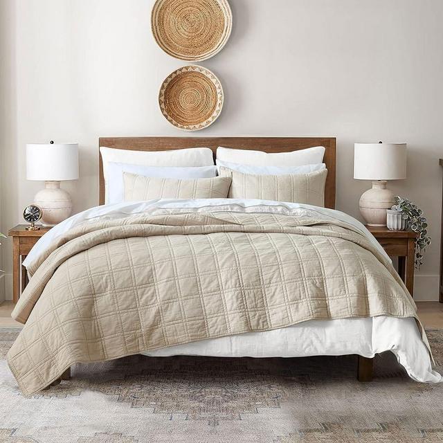 100% Cotton Quilt King Size Beige Bedspread, Pre-Washed 3-Piece Cozy Lightweight Stitching Decorative Bedding Cover Coverlet Set with 2 Shams in Geometric Pattern Rustic Style for All Season