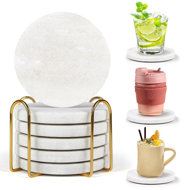 White Marble Coasters Set of 6 with Holder - Natural Marble Stone Drink Coaster with Protective Silicone Feet, 4 inch Diameter, 0.4 inch Thick - Heat-Resistant Coasters for Coffee Table