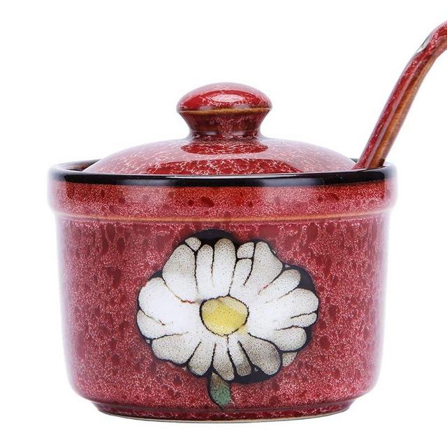 VanEnjoy Retro Hand Painted Flower Ceramic Round Sugar Bowls Spice Containers Porcelain Jar with Spoon Round Condiment