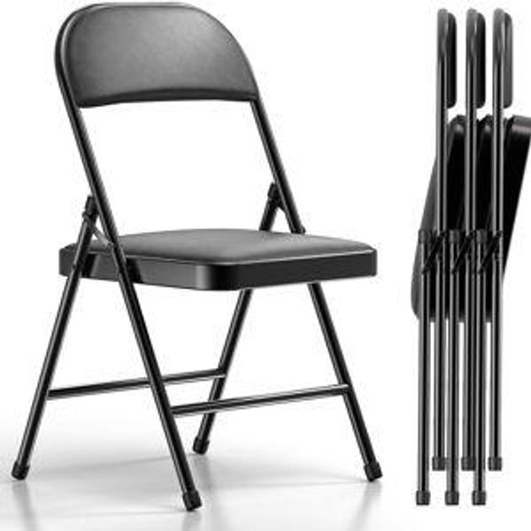 4 Pack Folding Chairs with Padded Cushion and Back, Khaki Metal Chairs with Comfortable Cushion and Durable Steel Frame for Home and Office, for Indoor and Outdoor Events (Black, 4 Pack)