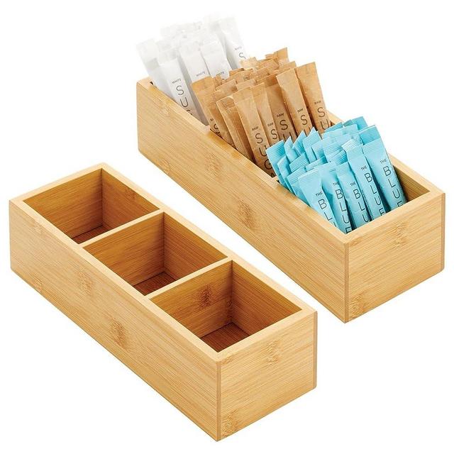 mDesign Bamboo Wood Slim Food Storage Organizer Box, 3 Section, Divided Compartment Bin; Container for Kitchen, Pantry; Holder for Spices, Snacks, Tea, Coffee - Echo Collection - 2 Pack -Natural