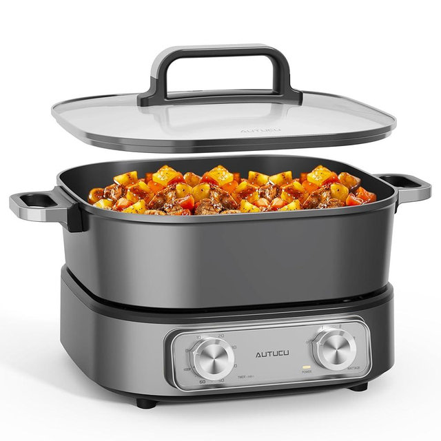 6-Quart Electric Skillet, Hot Pot | Non-Stick PFOA-Free Ceramic-Coated Pot, 1600W, Timer & 3 Power Settings for Steak, Egg, Ramen, Nonstick Pot