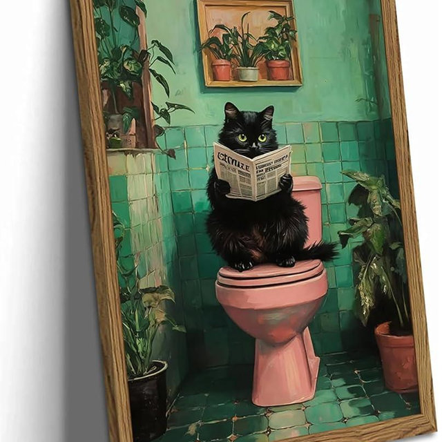 Funny Bathroom Cat Wall Art, Humorous Black Cat Restroom Wall Decor Paintings, Funky Animal on Toilet Reading Newspaper Canvas Prints Artwork 12x16 inch Wood Framed