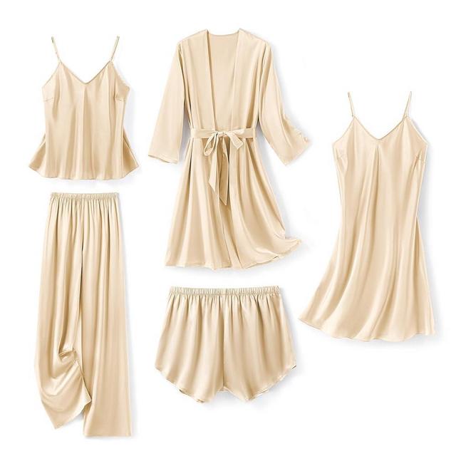 SAPJON Silk Pajamas for Women 5Pcs Sleepwear Loungewear Satin Robe Cami Shorts Pj Set