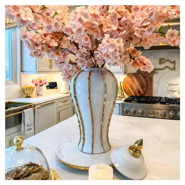 Ginger Jar, White Ceramic Flower Vase with Gold Trim, Modern Decorative Vase Handmade for Weddings, Home, Office, Table, Living Room, Mantle Fireplace (46cm)