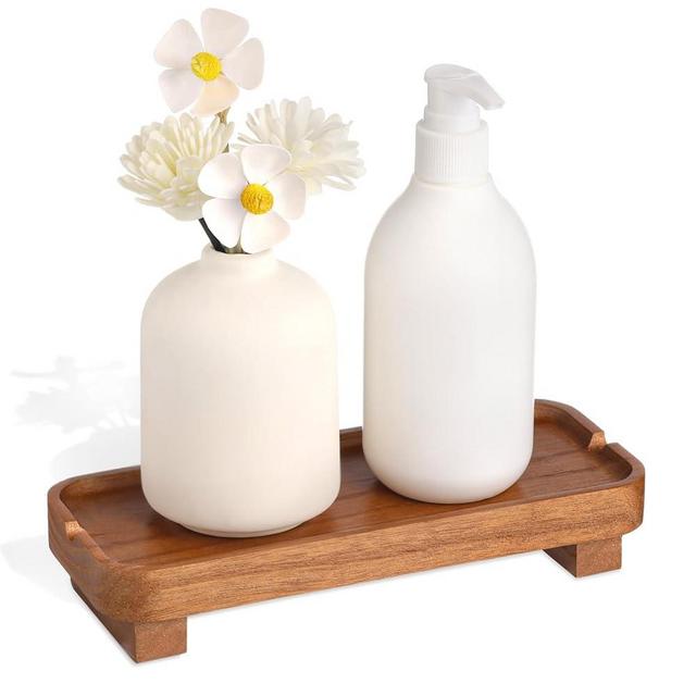 Wood Riser Small Decorative Tray Sink Soap Dish, Vanity Tray Pedestal Stand 8.7 x 3.6 inches (Light Brown)